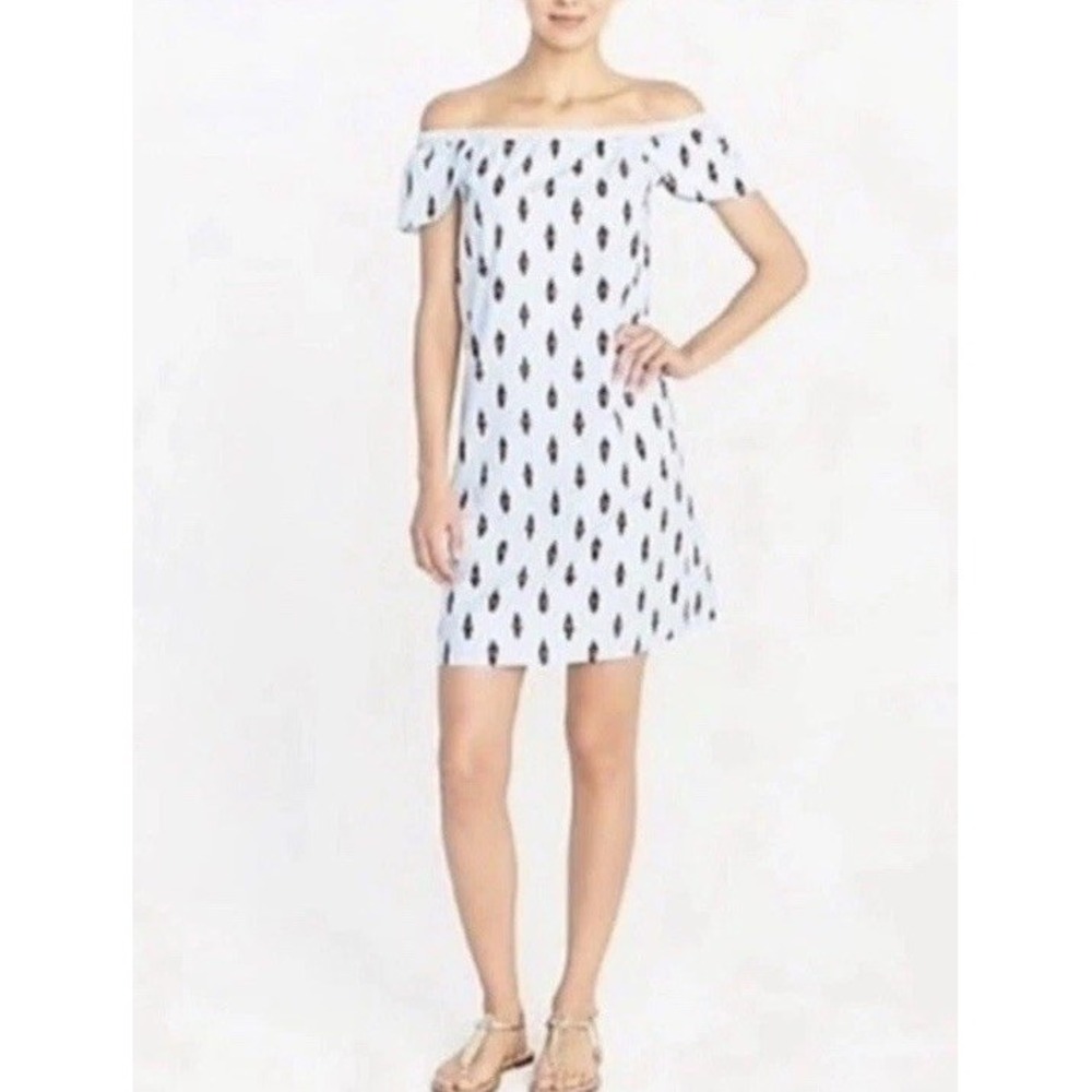 J. Crew Off Shoulder Ikat Dress Blue Size Small Ruffles 100% Cotton Sun Shift